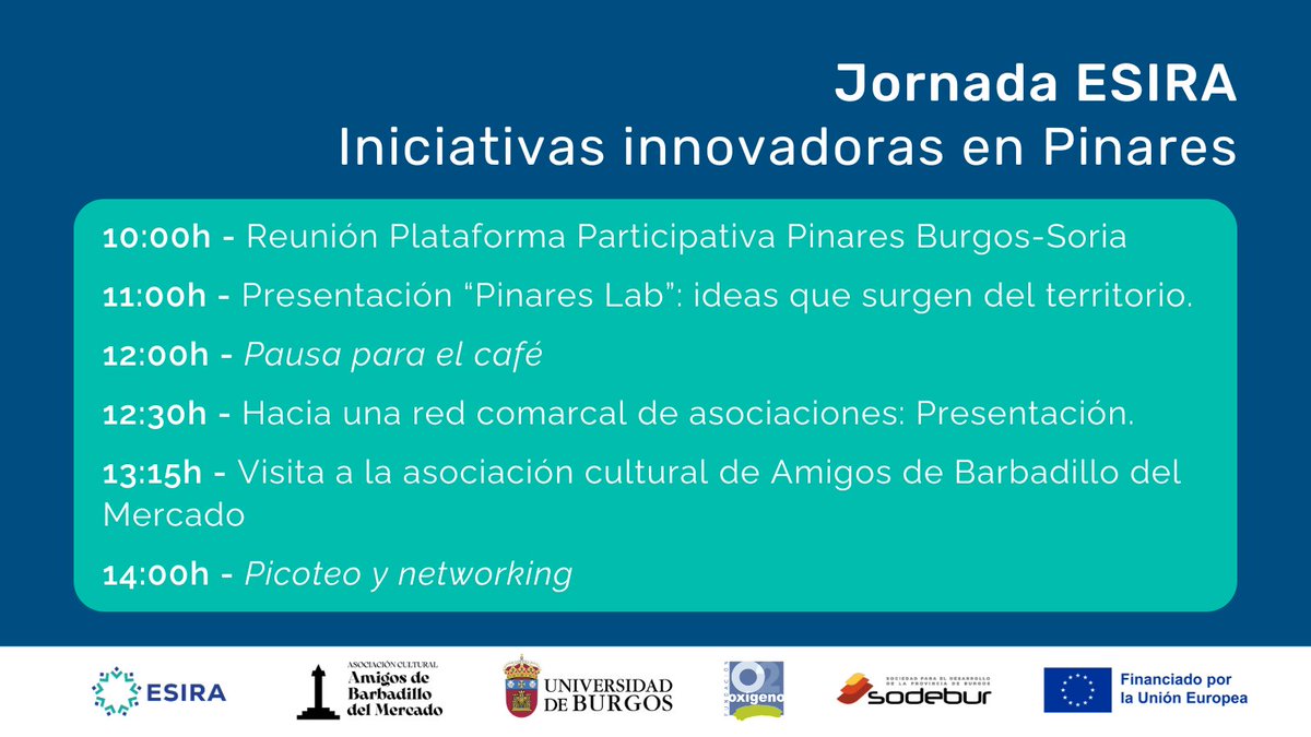ProyectoESIRA's tweet photo. ☀️ También impulsaremos la iniciativa para construir una red comarcal de asociaciones y realizaremos una visita con la asociación cultural "Amigos de Barbadillo del Mercado". 

🌿 Compartiremos ratos para charlar, debatir y crear comunidad. ¡Anímate a venir! https://t.co/KJZ2DxAbed