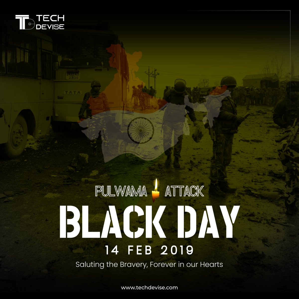 it_devise's tweet photo. 14 Feb 2019 🕯️
Remembering the brave hearts we lost in the Pulwama attack.
Their sacrifice will never be forgotten. 🇮🇳

#PulwamaAttack #BlackDay #CRPF #JaiHind https://t.co/HfRzhsiBnR