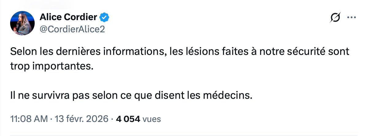 🔴🇫🇷 𝗔𝗟𝗘𝗥𝗧𝗘 𝗜𝗡𝗙𝗢 — Alice Cordier déclare que les lésions subies par leur membre du service de sécurité, âgé de 20 ans, lynché par des antifas à Lyon, sont trop importantes.

Selon les médecins, il ne survivrait pas à ses blessures.