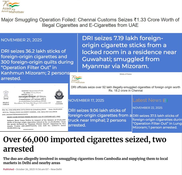 delhichatter's tweet photo. According to @CimGOI, our authorities seized 3.93 crore illicit cigarette sticks in FY25 (till June). That roughly amounts to ₹600 crore recovered in a year. But India loses over ₹21,000 crore annually to the illicit cigarette market. The gap is huge. 

With taxes rising, the illicit cigarette market will likely grow, and we might lose more money. It is the right time to scale up what India has just begun work on: work with legal manufacturers to implement Track & Trace and shut down illicit supply chains.

#cigarettes #smoking #AntiSmugglingDay @PiyushGoyal @PiyushGoyalOffc @cbic_india @ICEGATE_CBIC