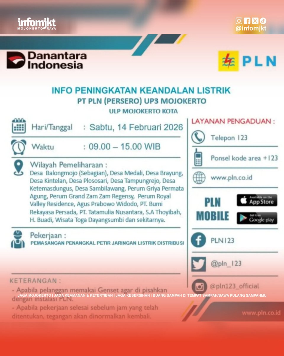 PEMADAMAN LISTRIK DAN PEMELIHARAAN JARINGAN.

Sabtu, 14 Februari 2026.
09.00-15.00 WIB
Sebagian Kec. Puri (Kantor Kecamatan Puri Radius ±2 km).

Detail lokasi dan durasi lihat poster!

#infomjkt #mojokerto #PLNmojokerto #Puri