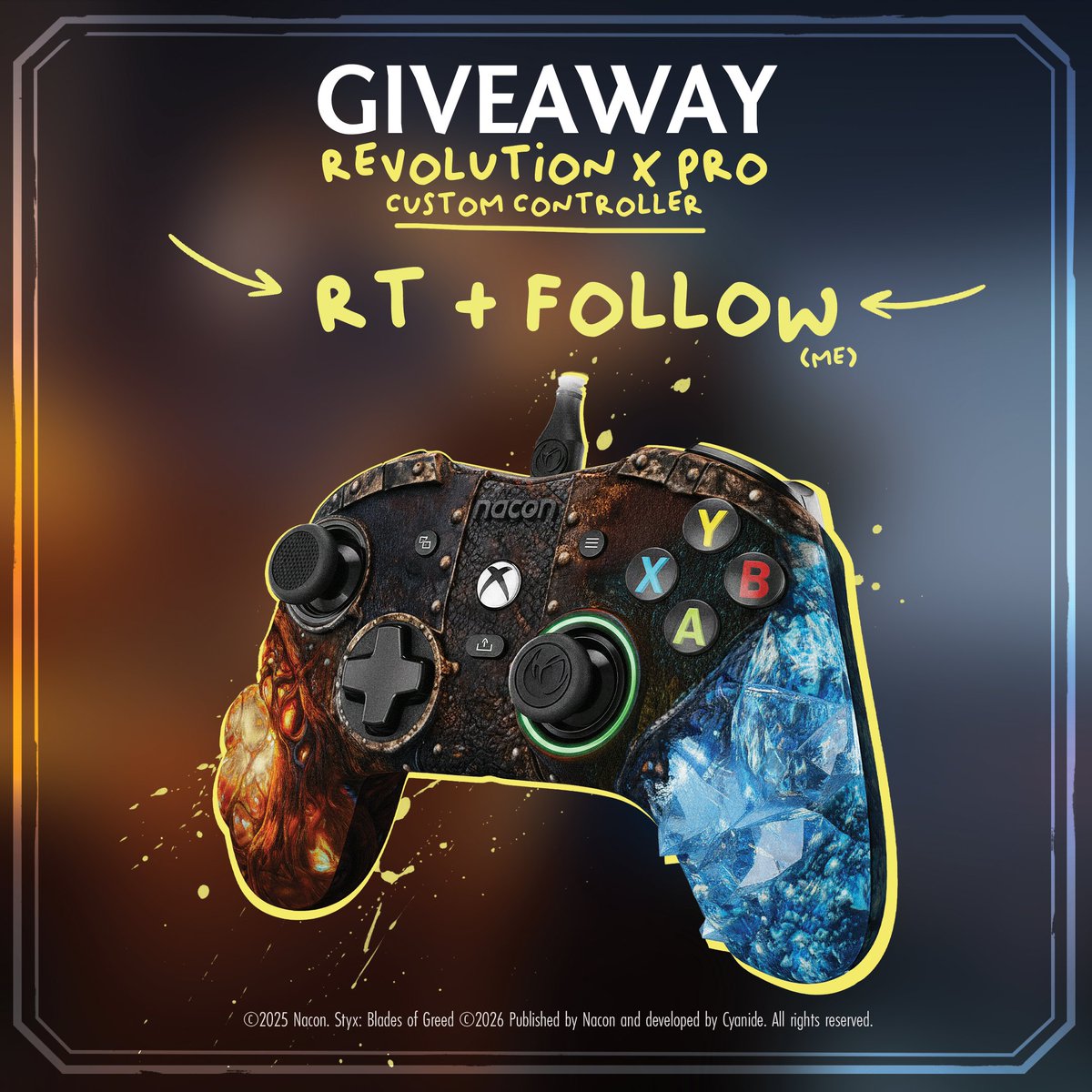 🎁 Giveaway time, you greedy little maggots!

I’m feeling exceptionally generous today. I’m giving away a BEAUTIFUL custom <a href="/Nacon/">Nacon</a> Revolution X Pro Controller, crafted by <a href="/VaduAmka/">Vadu Amka</a>. 

1⃣ RT this post
2⃣ Follow me <a href="/StyxVideoGames/">Styx: Blades of Greed</a>
I’ll pick one of you on 18/02.

Simple, right?