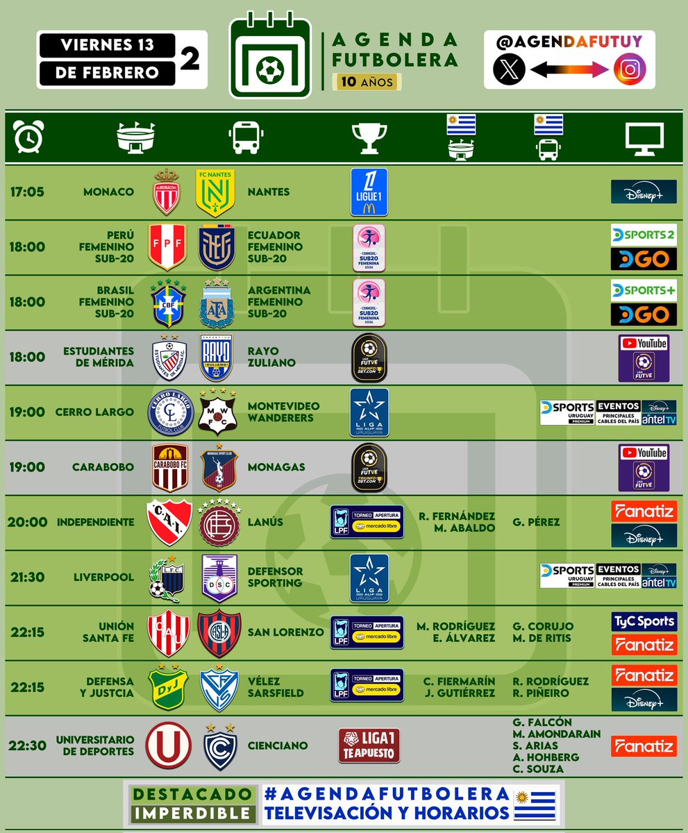 #AgendaFutbolera 🗓️⚽
<a href="/AgendaFutUY/">Agenda Futbolera</a> 👥🔗

📆 VIERNES 13/02

🔜 Comienza a disputarse el fútbol del fin de semana.

→ Actividad de uruguayos 🇺🇾

¡Buena jornada! 👍🏼