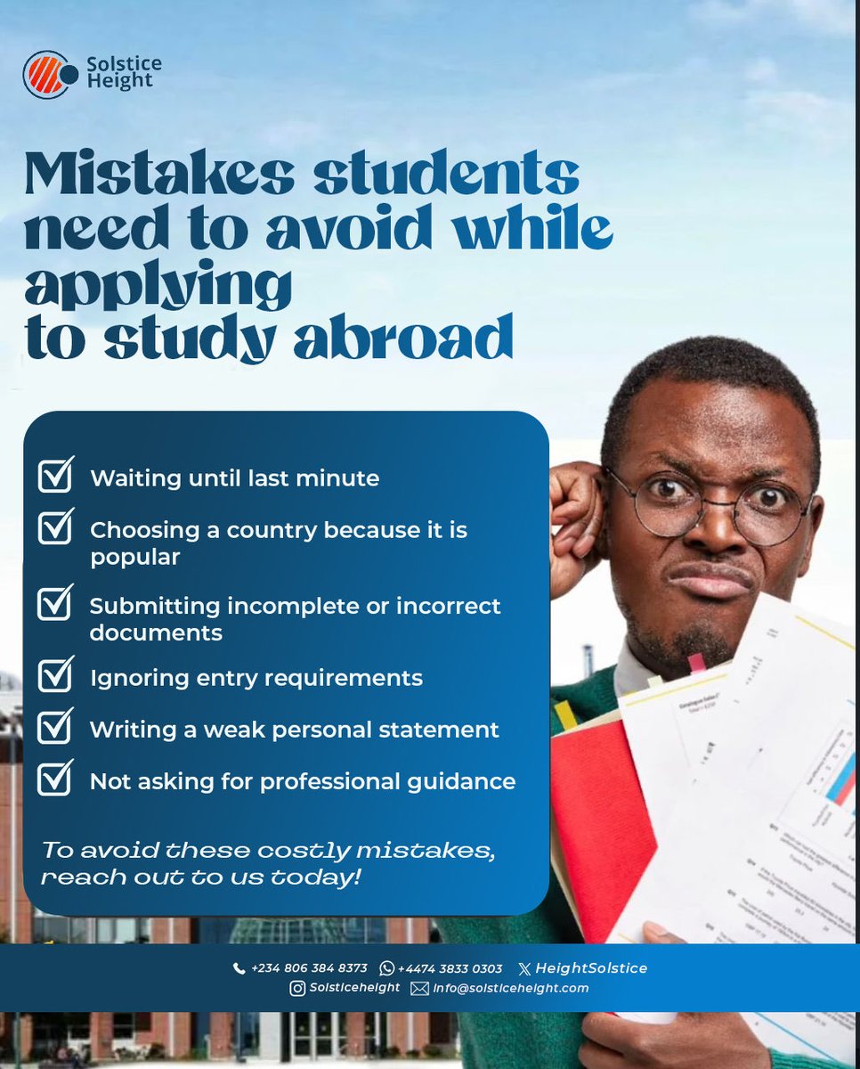 HeightSolstice's tweet image. TWITTER 

Study abroad mistakes can cost you time, money, and opportunities.

Apply smart. Apply right.
Apply with Solstice Height Global.
#GlobalEducation #InvestInYourFuture #SolsticeHeightGlobal
#TrustedGuidance
#StudyAbroadDreams