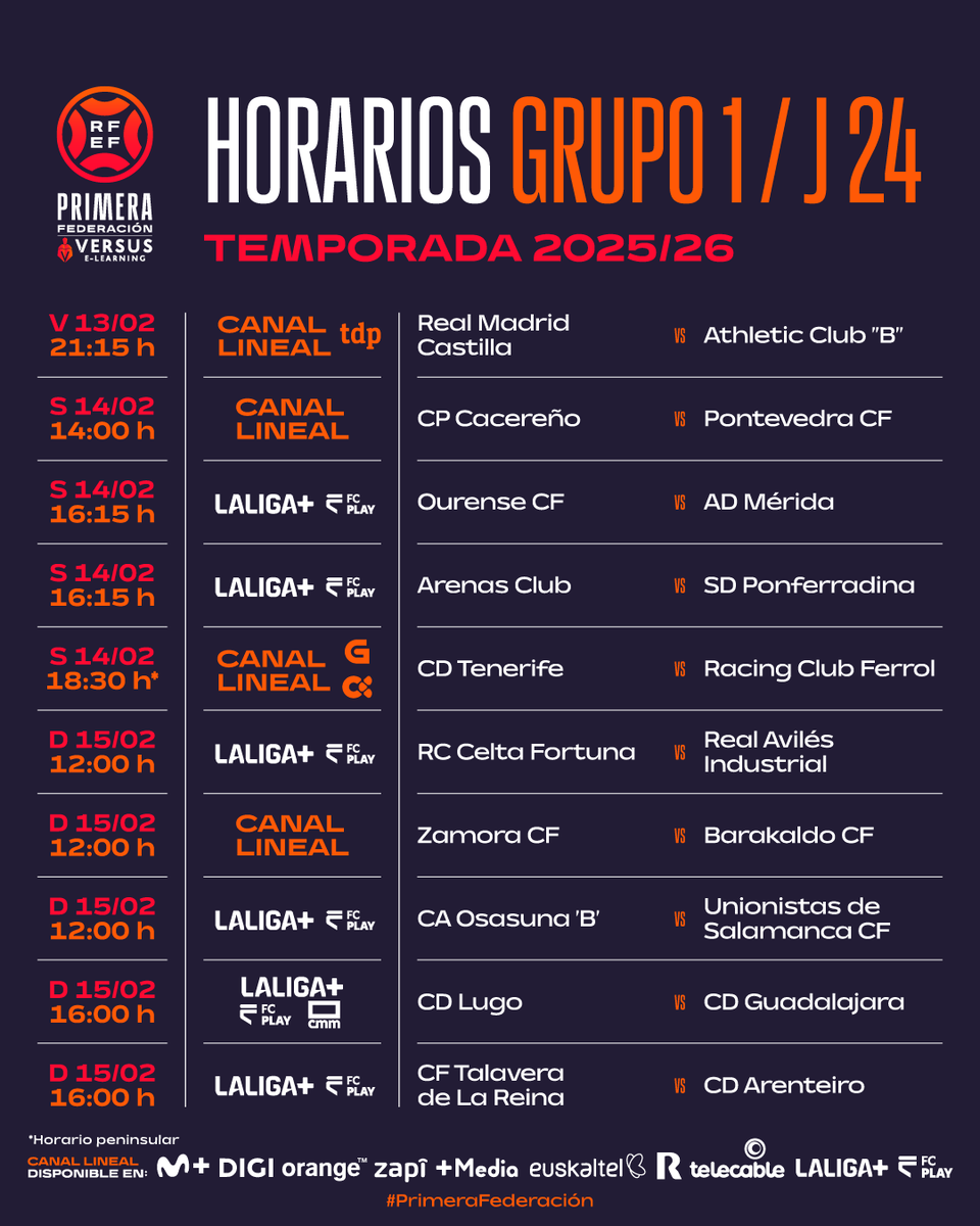 Hoy viernes arranca la 24ª jornada en el Grupo I de <a href="/Primera_RFEF/">Primera Federación Versus e-Learning</a>, con el Castilla-Bilbao Athletic (20:15 h.i.).

📌Partidos destacados:

Celta Fortuna-Avilés, Zamora-Barakaldo y, por supuesto, el <a href="/CDTOficial/">CD Tenerife 🏴󠁧󠁢󠁳󠁣󠁴󠁿</a>-Racing de Ferrol (sábado, 17:30 h.i.).

📺Todos son televisados.