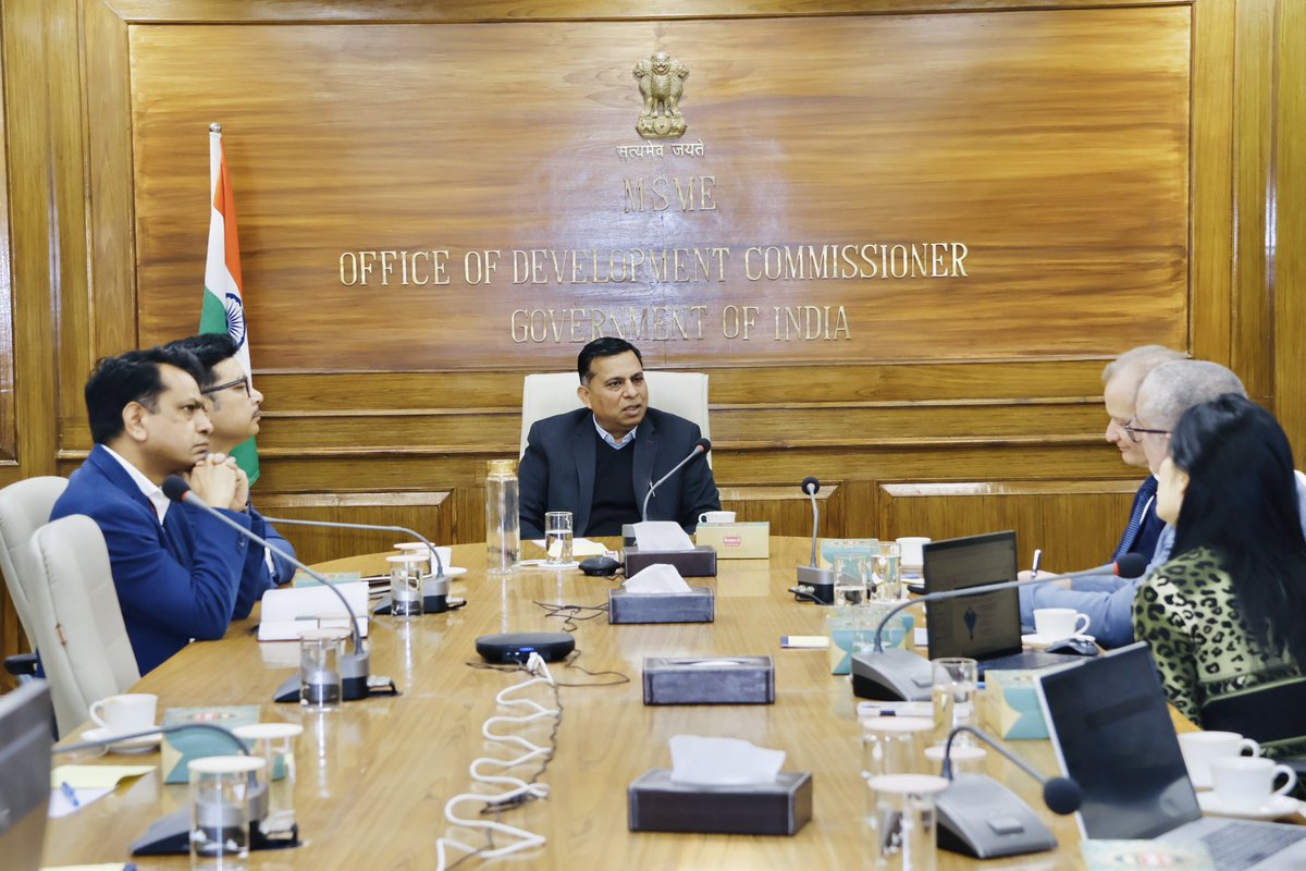 dcmsmeoffice's tweet photo. Glimpses from the meeting chaired by Dr. Rajneesh, Additional Secretary & Development Commissioner, Ministry of MSME with Mr. Cristiano Pasini, Director & Representative, UNIDO Sub-Regional Office in India and Mr. Alejandro Rivera Rojas, Chief, Division of MSME Competitiveness, UNIDO Headquarters, held today at Nirman Bhawan, New Delhi.

The meeting focused on strengthening mutual collaboration between the Ministry of MSME and United Nations Industrial Development Organization (UNIDO) to enhance the growth, resilience and global competitiveness of MSMEs.

The discussion highlighted key areas including sustainable industrial development, innovation, capacity building, technology upgradation and enhanced market access for Indian MSMEs.

#Msme #Entrepreneur #Innovation
#Development #Employment #Empowerment #Technology #skilldevelopment #training