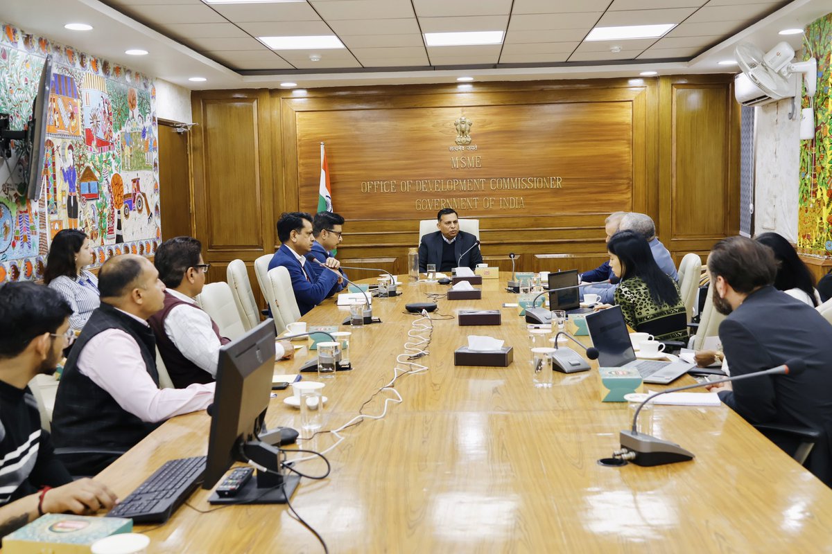 dcmsmeoffice's tweet photo. Glimpses from the meeting chaired by Dr. Rajneesh, Additional Secretary & Development Commissioner, Ministry of MSME with Mr. Cristiano Pasini, Director & Representative, UNIDO Sub-Regional Office in India and Mr. Alejandro Rivera Rojas, Chief, Division of MSME Competitiveness, UNIDO Headquarters, held today at Nirman Bhawan, New Delhi.

The meeting focused on strengthening mutual collaboration between the Ministry of MSME and United Nations Industrial Development Organization (UNIDO) to enhance the growth, resilience and global competitiveness of MSMEs.

The discussion highlighted key areas including sustainable industrial development, innovation, capacity building, technology upgradation and enhanced market access for Indian MSMEs.

#Msme #Entrepreneur #Innovation
#Development #Employment #Empowerment #Technology #skilldevelopment #training