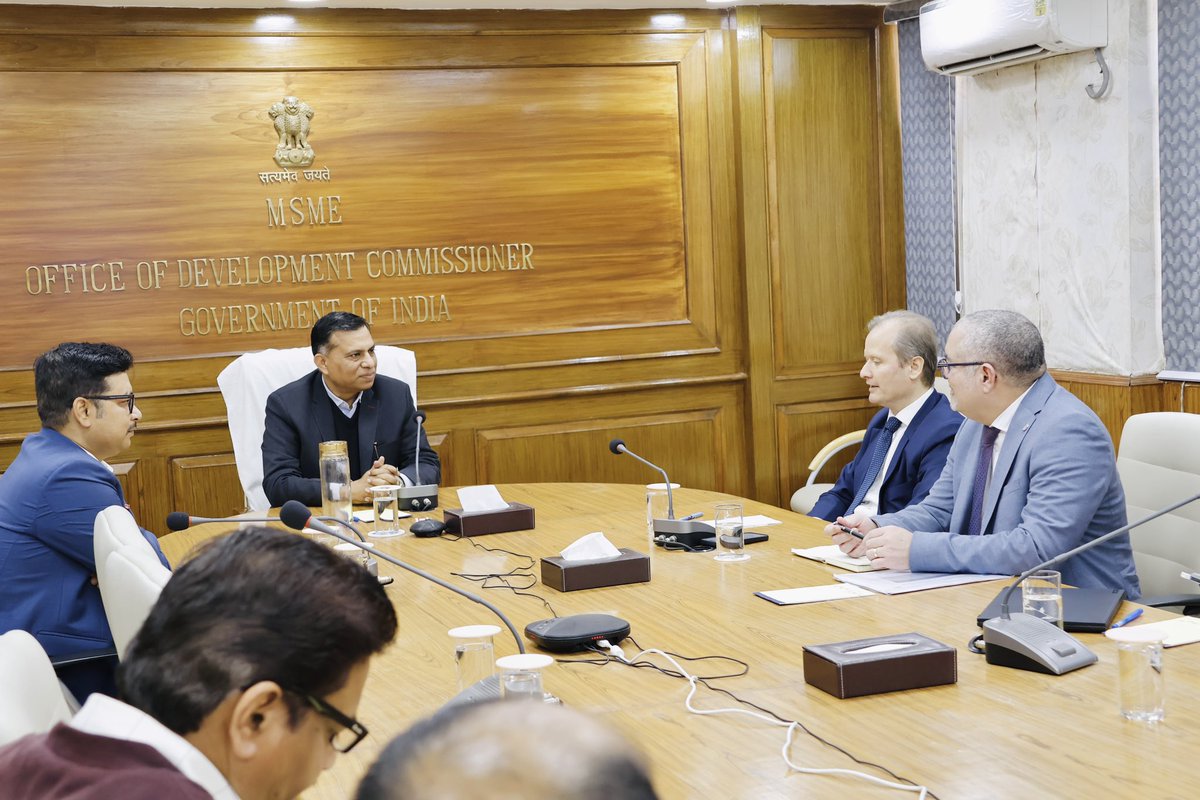 dcmsmeoffice's tweet photo. Glimpses from the meeting chaired by Dr. Rajneesh, Additional Secretary & Development Commissioner, Ministry of MSME with Mr. Cristiano Pasini, Director & Representative, UNIDO Sub-Regional Office in India and Mr. Alejandro Rivera Rojas, Chief, Division of MSME Competitiveness, UNIDO Headquarters, held today at Nirman Bhawan, New Delhi.

The meeting focused on strengthening mutual collaboration between the Ministry of MSME and United Nations Industrial Development Organization (UNIDO) to enhance the growth, resilience and global competitiveness of MSMEs.

The discussion highlighted key areas including sustainable industrial development, innovation, capacity building, technology upgradation and enhanced market access for Indian MSMEs.

#Msme #Entrepreneur #Innovation
#Development #Employment #Empowerment #Technology #skilldevelopment #training