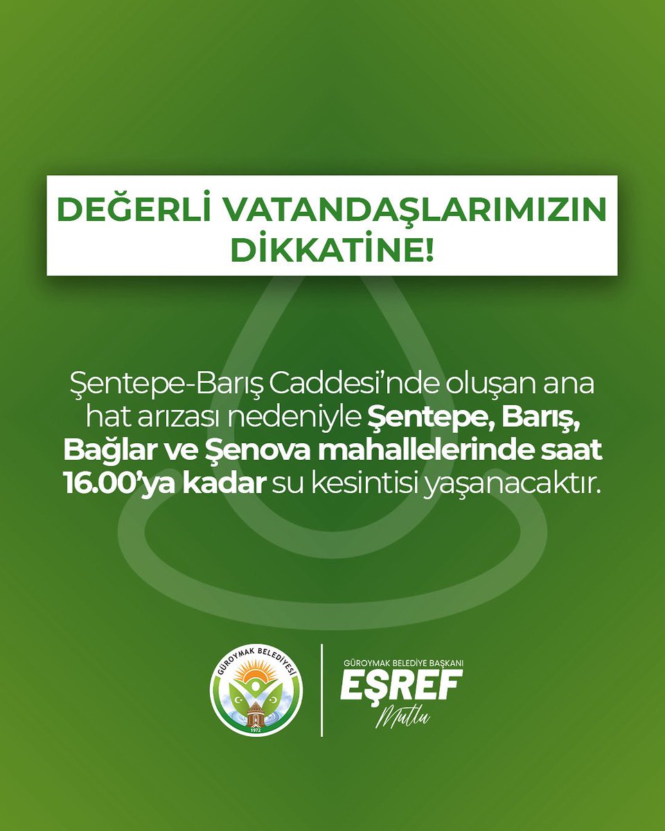 🚨 SU KESİNTİSİ DUYURUSU 🚨
Şentepe–Barış Caddesi’nde meydana gelen ana hat arızası nedeniyle Şentepe, Barış, Bağlar ve Şenova mahallelerimizde saat 16.00’ya kadar su kesintisi yaşanacaktır.

Ekiplerimiz arızanın giderilmesi için sahada çalışmalarını sürdürmektedir. 💧