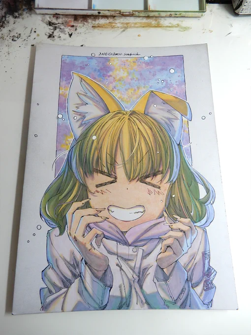 【アナログ2446:風花満開】出先で描いたラフを仕上げ。冷たそうな照り返しが入っています。 #水彩 #原画 #狐娘 #アナログイラスト