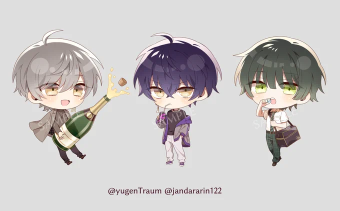 女性向け同人サークル『幽玄トラオム』様 ()のグッズ用ちびキャライラストを新たに3種描かせていただきました! イラストを使用したアクスタが第一弾、第二弾と併せて明日より受注開始とのことですので、よろしくお願いいたします!