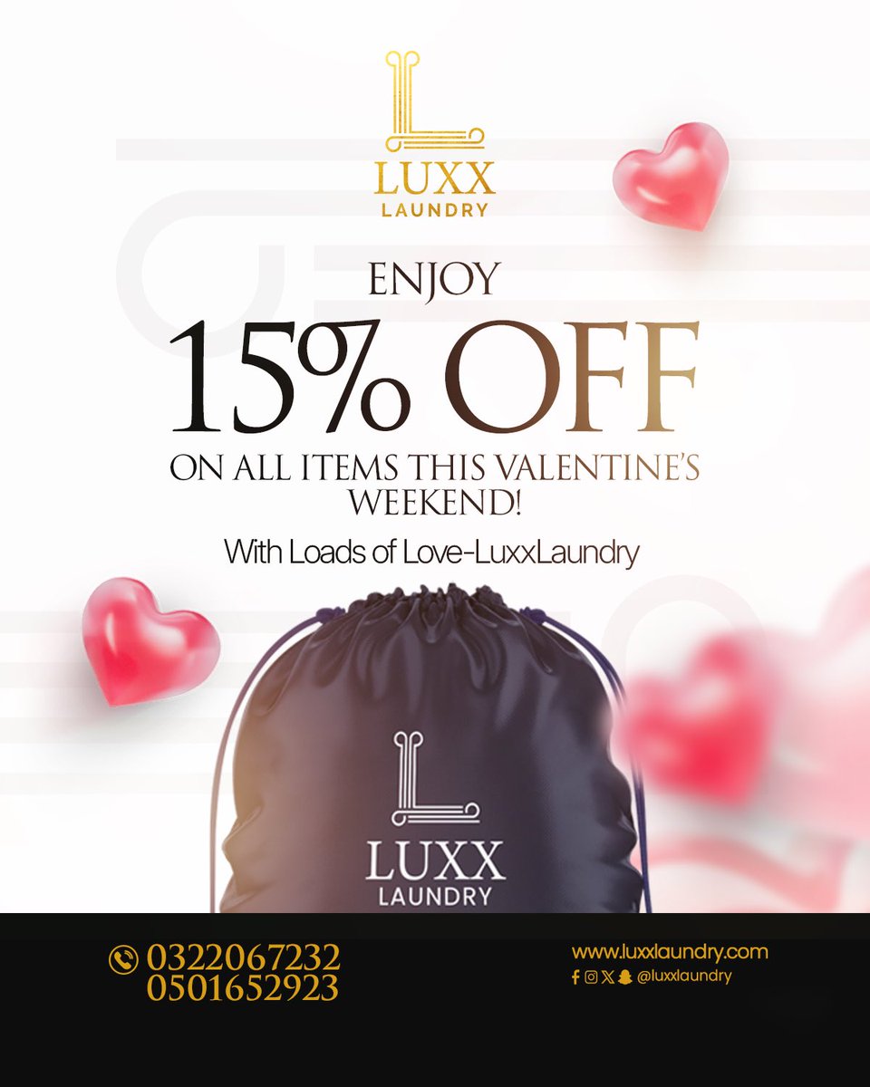 LuxxLaundry's tweet photo. Enjoy 15% off any item this Valentine weekend at Luxx.

For You,By You,the Luxxway✨❤️

For Enquiries: 050 165 2923
#ValentinesDay https://t.co/OJyeffnVNb