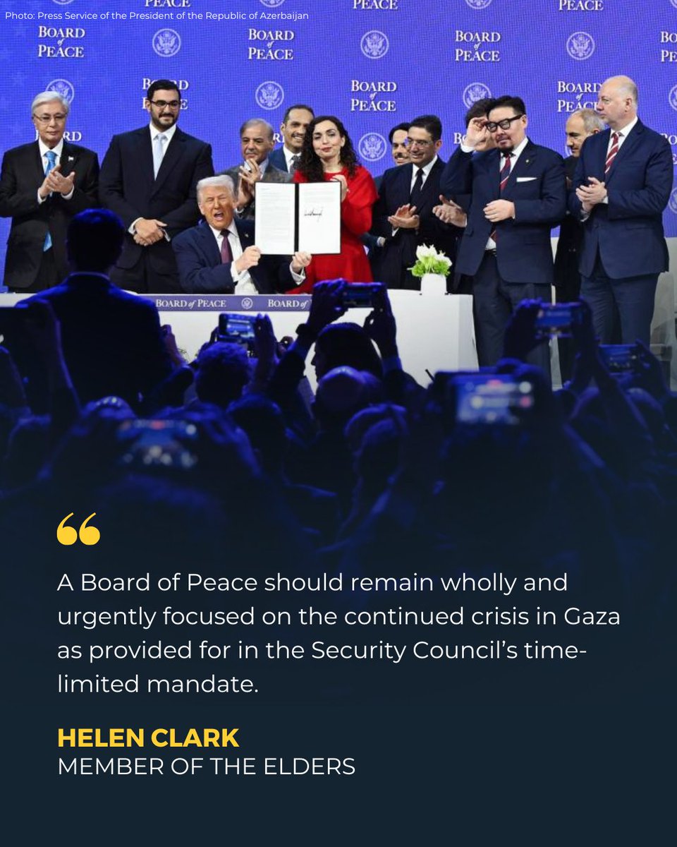 TheElders's tweet photo. The UN Security Council supported a Board of Peace for Gaza’s interim administration, but what emerged at Davos is worrying.

In our latest newsletter, @HelenClarkNZ explores what this means for a multilateral system already under strain.

https://t.co/RqFyfCrWRU https://t.co/VerQ2ukYsQ