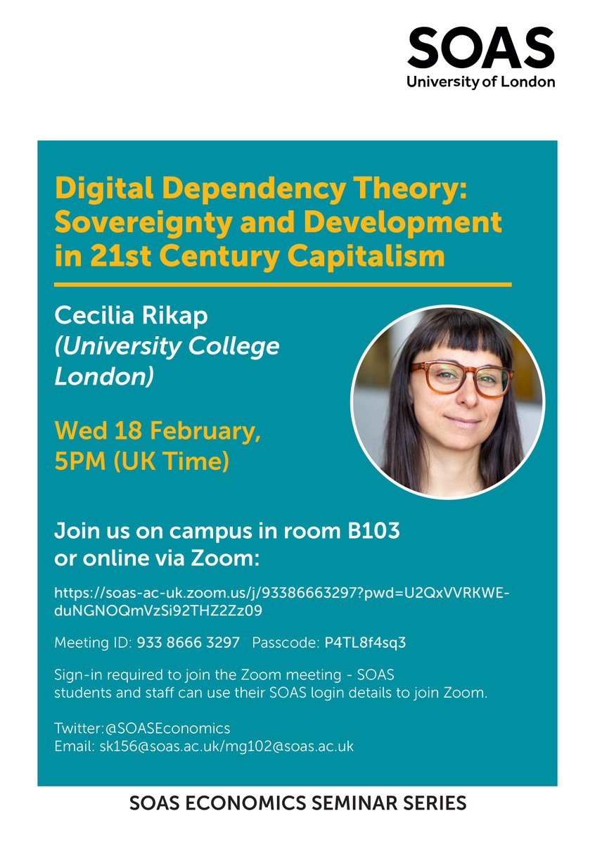 📌 Join us on 18 February at <a href="/SOAS/">SOAS University of London</a> #Economics for a discussion with Cecilia Rikap on:

Digital Dependency Theory: Sovereignty and development in 21st century capitalism 💰

Info 🔗 soas.ac.uk/about/event/di…