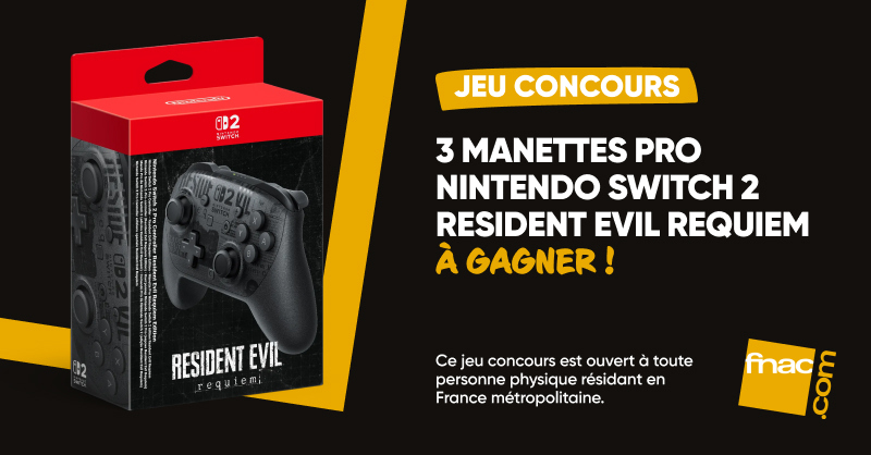 #JeuConcours 🎮 Les fans de Resident Evil, à vos manettes ! 🧟‍♂️ Tentez de gagner 1 manette Pro Nintendo Switch 2 - Édition Resident Evil : Requiem 👾. 
  
🎁 Pour participer :
🔁 + ❤️ + 💬 + Follow <a href="/Fnac/">Fnac</a> 
📅TAS le 6/03 - 3 gagnant(e)s 

Bonne chance !
👉urlr.me/aGKFDM