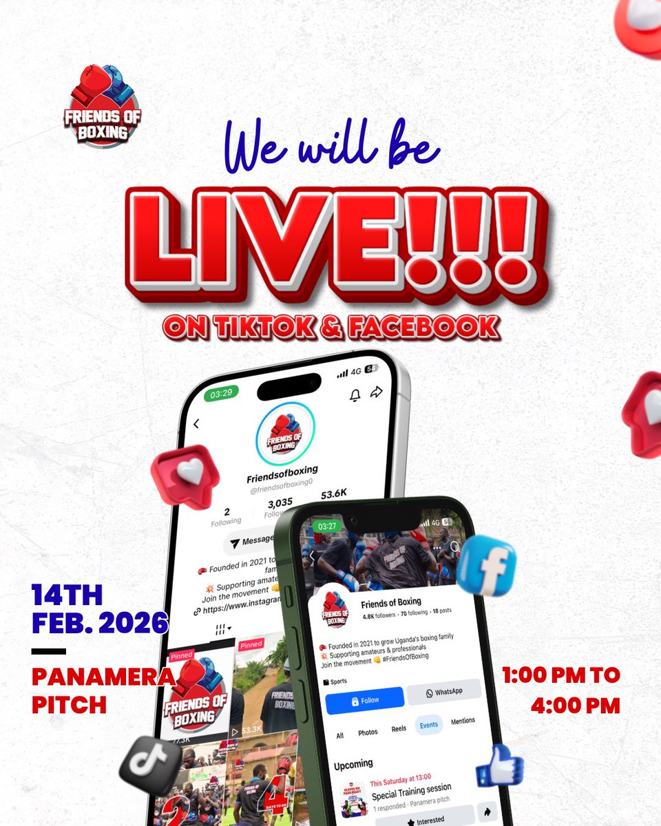 We’re going LIVE
Catch all the action from our Special Training Session streaming on TikTok &amp; Facebook. If you can’t make it to the pitch, tap in online and feel the energy in real time. 
🗓 14th Feb 2026
📍 Panamera Pitch
⏰ 1PM 
Set your reminders. #loveisland #Friendsofboxing