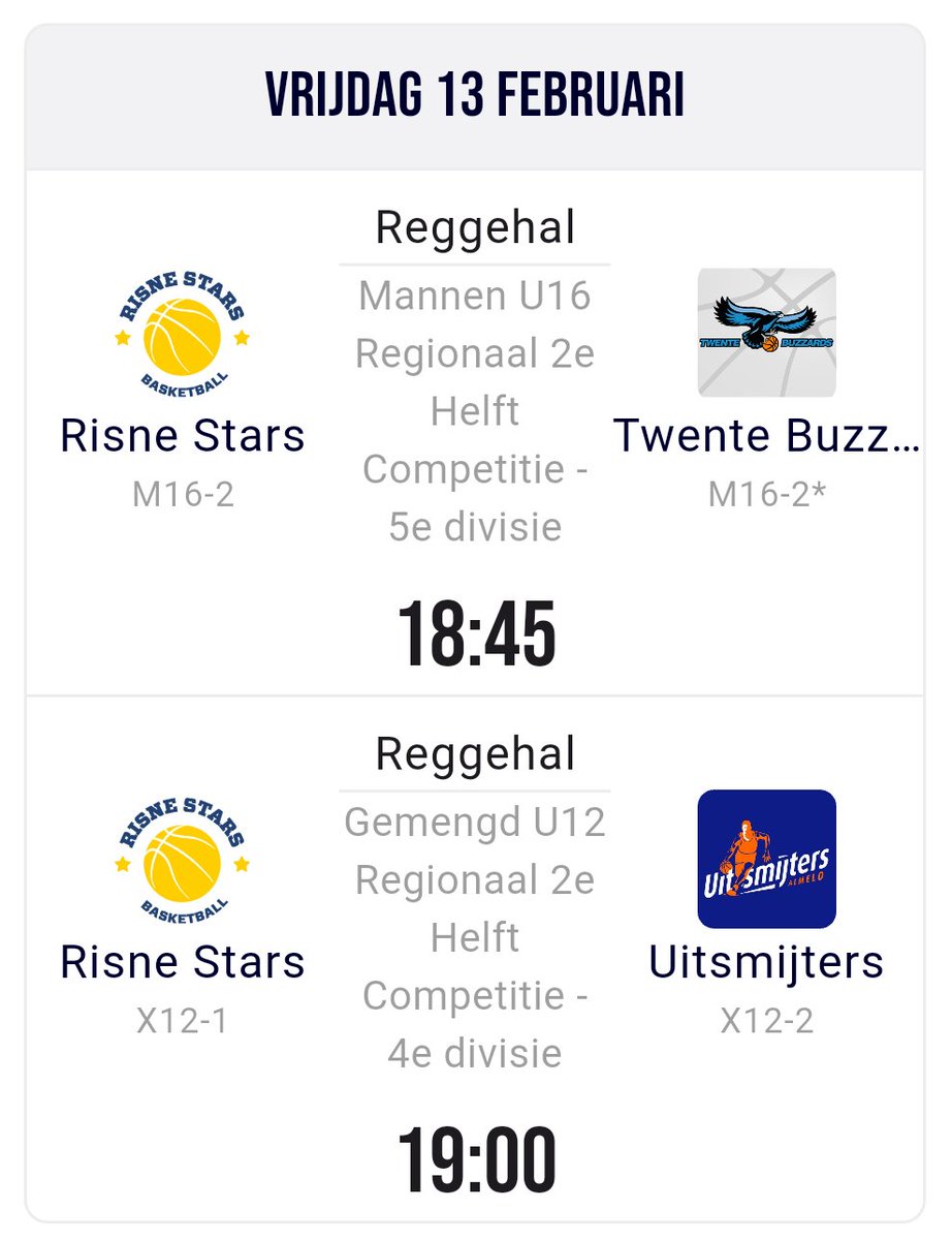 Het ⛹️‍♂️⛹️‍♀️programma van 🏀#RisneStars voor vandaag. Opgelet ! ☝️Het duel van onze U16-2 start al om 18:45 uur !⚠️