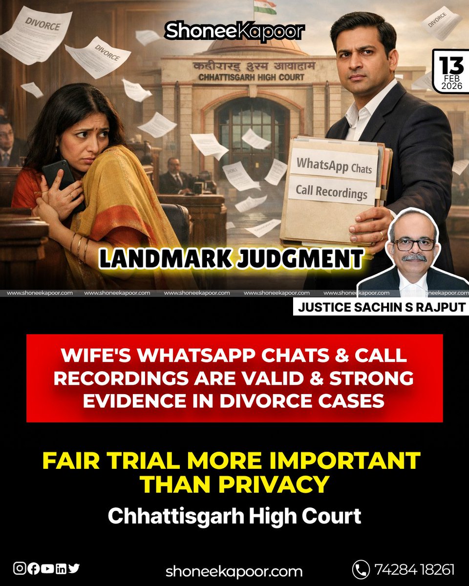 The Chhattisgarh High Court has ruled that WhatsApp chats and call recordings can be admitted in divorce cases if they are relevant to the dispute.

The Court made it clear that privacy is not absolute and cannot override the right to a fair trial in matrimonial litigation.

For