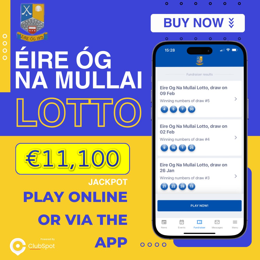Reminder MASSIVE JACKPOT this week
Get all the latest news on the Éire Óg Na Mullaí CLG app member.clubspot.app/club/eire-og-n…