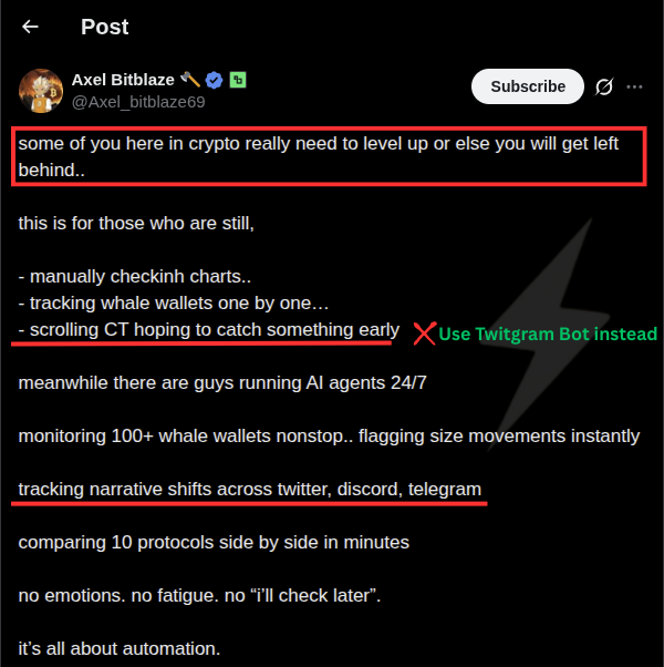 This is spot on 💯! 
Manual CT doom scrolling is getting you rekt.
Smart traders automate the basics with t.me/TwitGram_Robot

Get instant Telegram alerts for:
- new tweets
- follows
- name/bio/avatar changes
- account suspensions
- New token communities &amp; more

#Twitgram