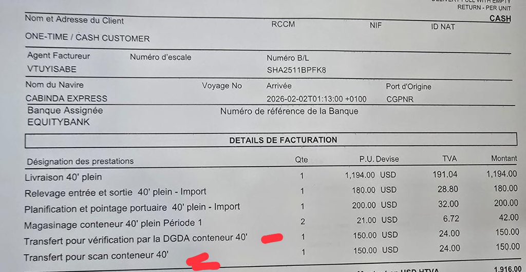 pepele_news's tweet photo. 🔴 ALERTE-INFO | À Matadi, plusieurs opérateurs économiques s’interrogent sur la structure tarifaire appliquée par MGT en matière de contrôle des conteneurs.

Selon les informations recueillies, les frais exigés s’élèveraient à :
 • 174 USD (150 USD + 24 USD de TVA) pour le scan du conteneur (vérification par scanner)
 • 174 USD également pour la vérification physique

Ainsi, un conteneur soumis à la fois au scan et à la vérification physique représenterait un coût total de 348 USD.

Il est également rapporté que lorsqu’un conteneur est déposé sans être ouvert, un montant supplémentaire de 174 USD serait requis pour bénéficier à nouveau du service.

Dans un cas documenté, un client aurait payé :
 • 1 fois le transfert scan
 • 2 fois l’ouverture DGDA

Ce qui aurait porté la facture totale à 522 USD pour un seul conteneur.

Ces pratiques suscitent des interrogations parmi les usagers, notamment sur la justification et la transparence de certains frais appliqués.

Les autorités compétentes ou les responsables de MGT sont attendus pour apporter des clarifications sur cette grille tarifaire. #RDC #Matadi #KongoCentral @pepele_news