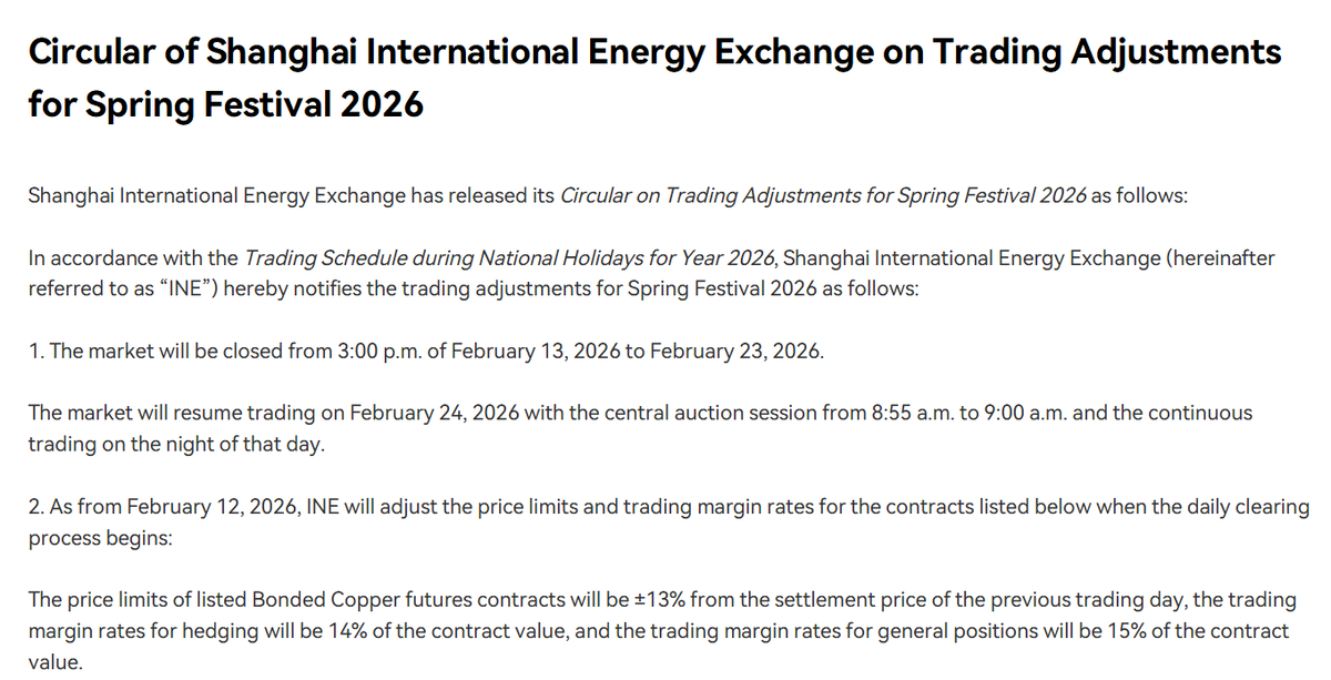 SYWGOfficial's tweet photo. SHFE: Circular of Shanghai International Energy Exchange on Trading Adjustments for Spring Festival 2026  https://t.co/XjYiWPFr9P https://t.co/zBW9uKLOGQ