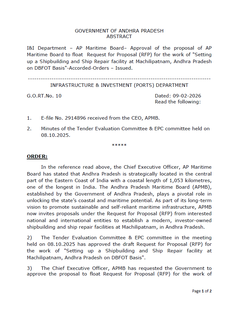 AP_CRDANews's tweet image. GoAP approved "Shipbuilding &amp;amp; Repair Facility" in #Machilipatnam 

🔸Soon AP Maritime Board will float a Global RFP (tenders) for establishing this in DBFOT basis.

#AndhraPradesh #InvestInAP