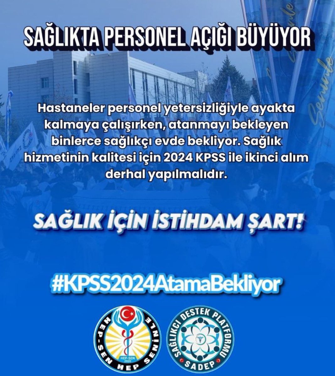 Yıllarca okuduk, nöbet tuttuk, staj yaptık.
Bir sınava girdik, 2024 puanımızı aldık.
Şimdi görev bekliyoruz.
Sağlıkta açık varken beklemek değil, atanmak istiyoruz.
İkinci alım artık ertelenmemeli.
<a href="/RTErdogan/">Recep Tayyip Erdoğan</a> <a href="/drmemisoglu/">Prof. Dr. Kemal Memişoğlu</a>
#KPSS2024AtamaBekliyor
