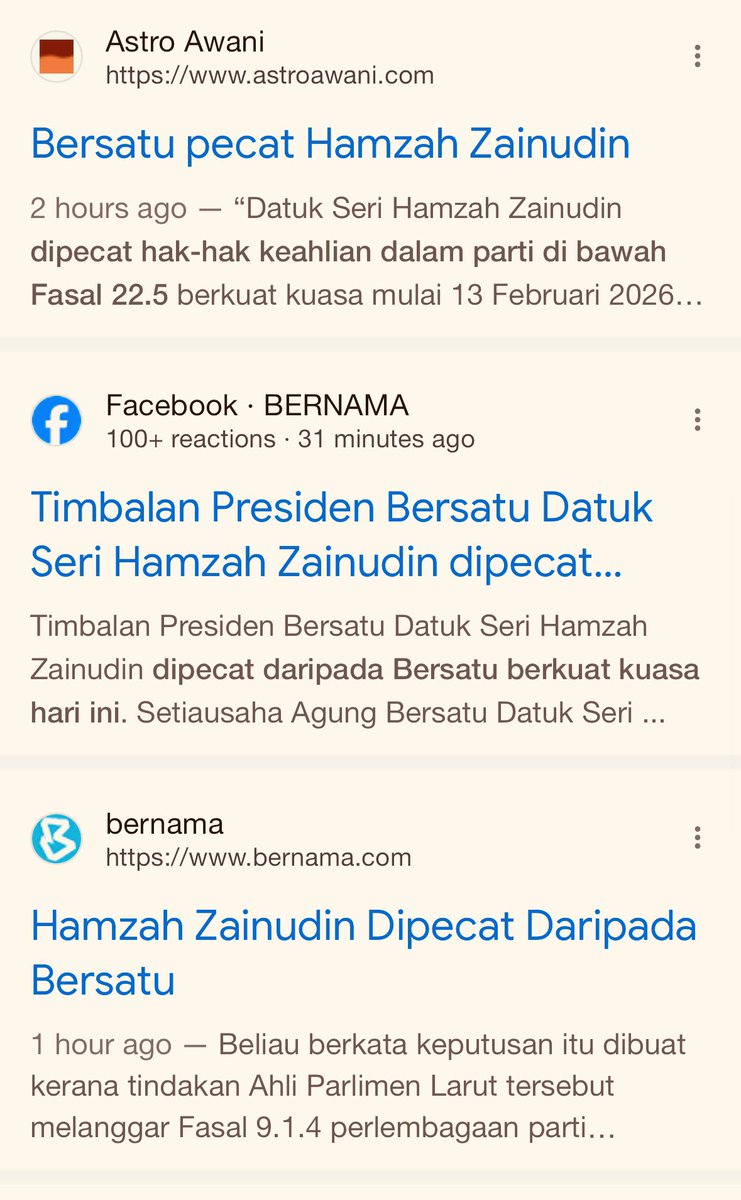 astroawani.com/berita-politik…

bernama.com/bm/politik/new…

hmetro.com.my/amp/utama/2026…

m.malaysiakini.com/news/768115

PPBM pecat keahlian DS Hamzah Zainudin. Beliau Ketua Pembangkang di #Parlimen.

Ini suatu cerita sensasi. Bukan saya ingin gembira atas masalah parti lain. Saya cuma ambil tahu.
