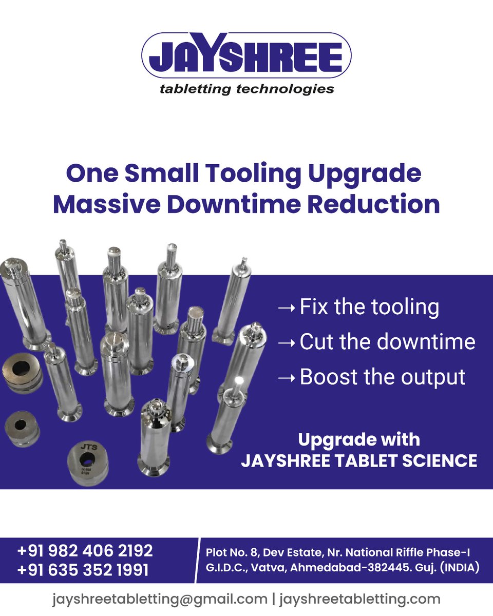 jayshreetablets's tweet photo. One Small Tooling Upgrade. Massive Downtime Reduction. ⚙️💊

Fix the tooling.
Free the production line.
Engineered by Jayshree Tabletting Technologies
📞 +91 982 406 2192
🌐 https://t.co/b8wm06FtaX

#PrecisionTooling #ReduceDowntime #TabletCompression #ManufacturingEfficiency https://t.co/JuqPTDiEUP