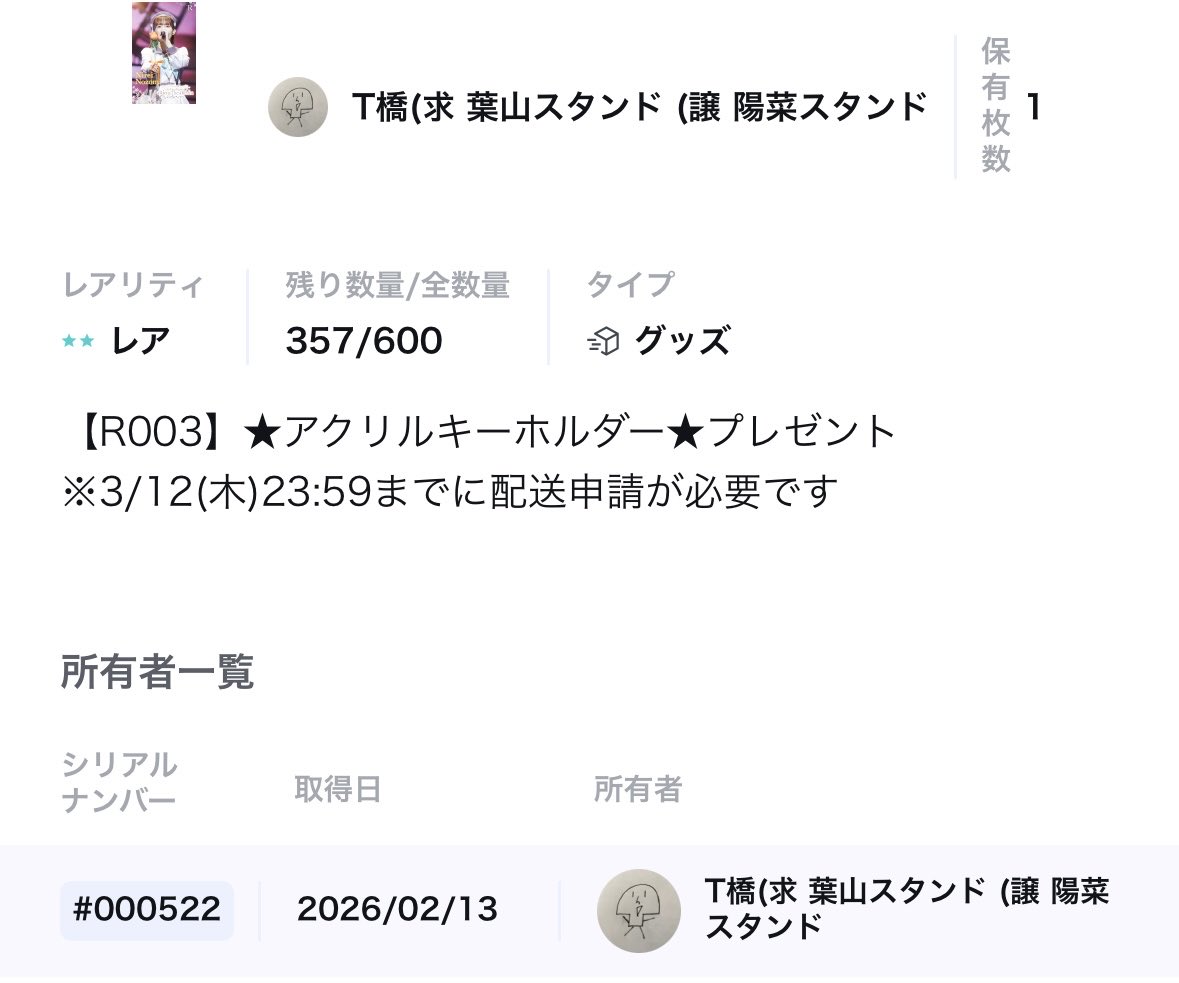 モロコシからもらったちゅけのアクキーのシリアルナンバー花帆の誕生日