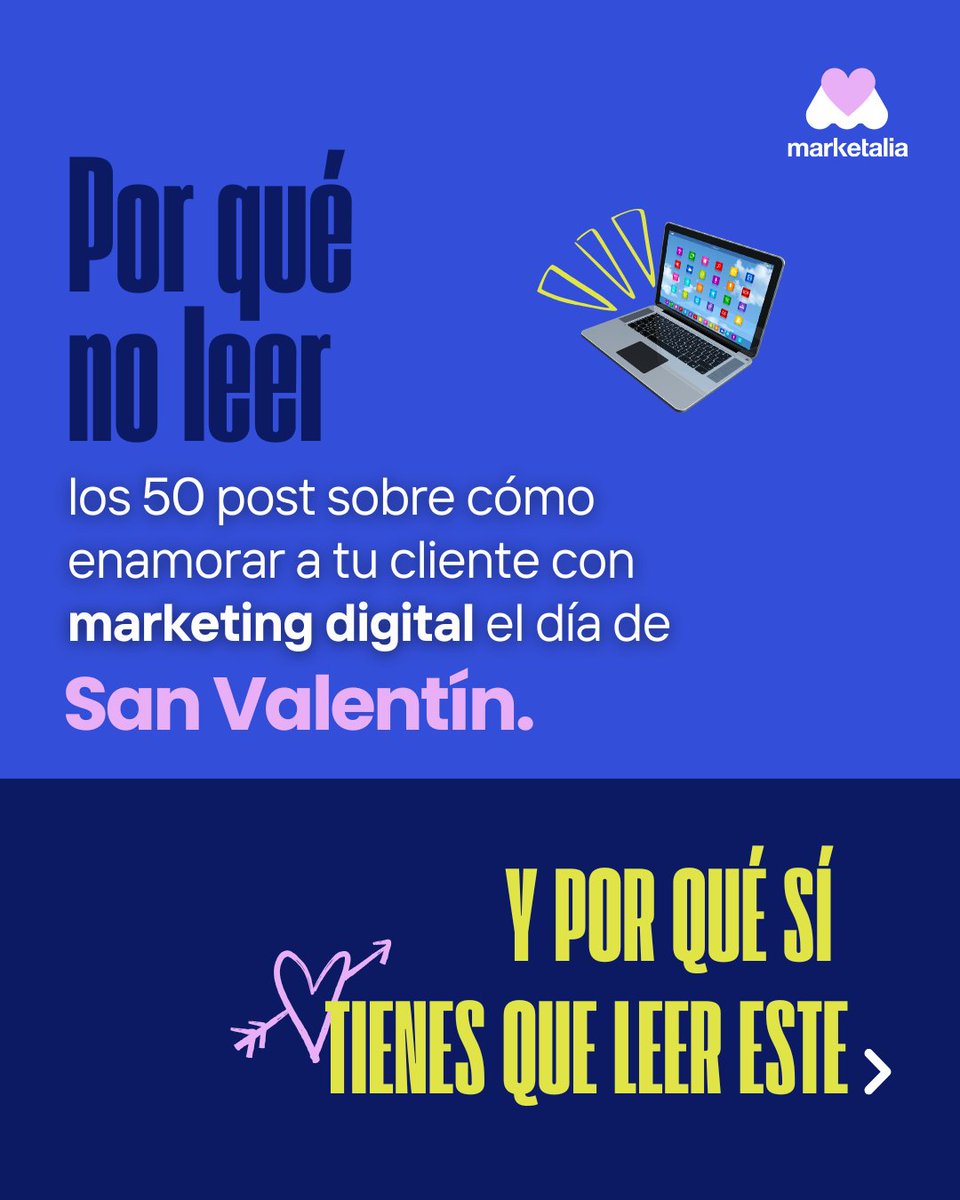 MarketaliaCom's tweet photo. 💘Los post sobre "cómo enamorar al cliente” se resumen en: 

1️⃣Lanza promos que seduzcan y ofertas que conquisten.
2️⃣Conecta desde la emoción, no desde el producto.
3️⃣Personaliza tus mensajes para que el cliente sienta único.

Feliz San Valentín💙
#MarketingDigital #SanValentín https://t.co/2uB2njSTAq
