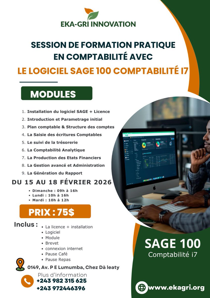 #Formation 
Une opportunité pour les ASBLs et entreprises. Cher <a href="/l_jimanel/">Coach Jimanel LWIGULIRA</a> dites aux gens que la comptabilité est un élément important dans la gestion d’une entreprise. 

FORMATION PRATIQUE EN COMPTABILITÉ SAGE 100 Comptabilité i7

EKA-GRI Innovation vous propose une session