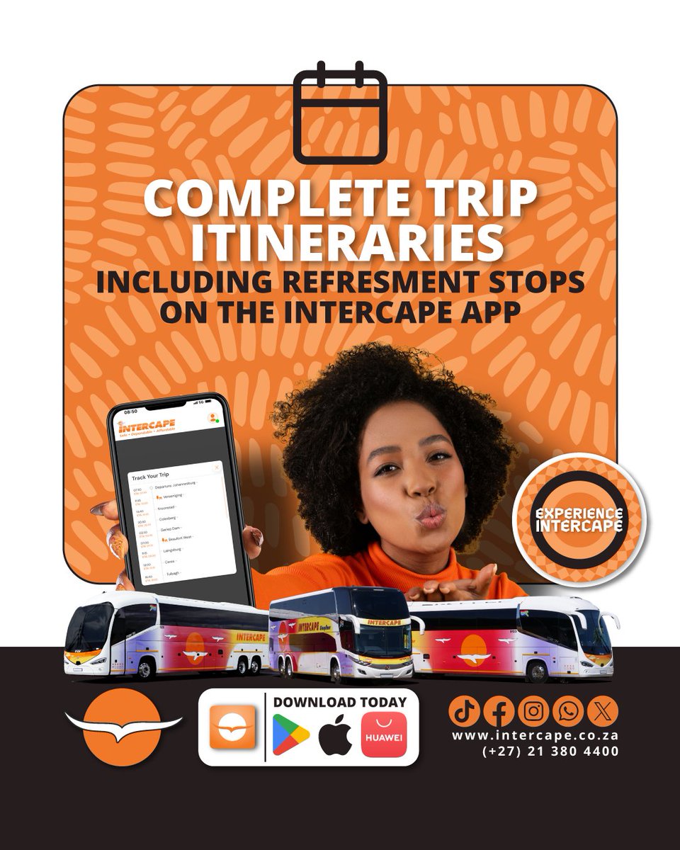 IntercapeBus's tweet image. Plan ahead with complete trip itineraries including stops when you use the Intercape App!

Download the Intercape App TODAY at intercape.co.za/intercape-app/ or on your preferred App Store.

Experience Intercape

#Intercape #IntercapeApp #DownloadToday #BookNow #PlanYourTrip