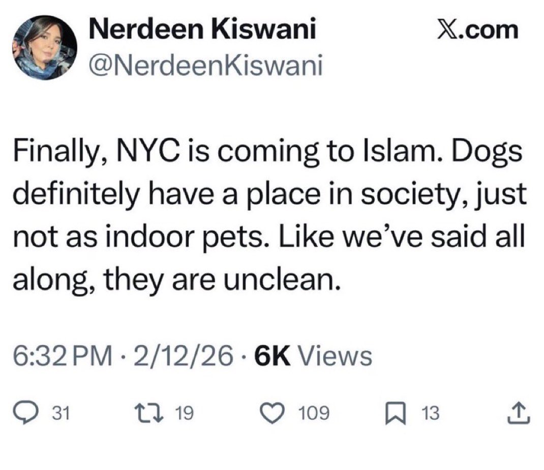 Will the liberals who voted for Mamdani support this extremist calling for dogs to be removed from homes in NYC?