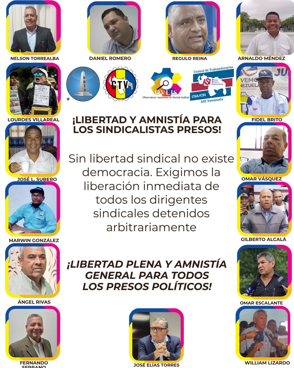 Cada vez hay menos rostros en esta imagen, sin embargo queremos que ya todos sean liberados. Sus familiares y sus compañeros de lucha los esperan.

¡Exigimos libertad plena y Amnistía General para todos los sindicalistas detenidos arbitrariamente!

#Venezuela
#PresosPolíticos