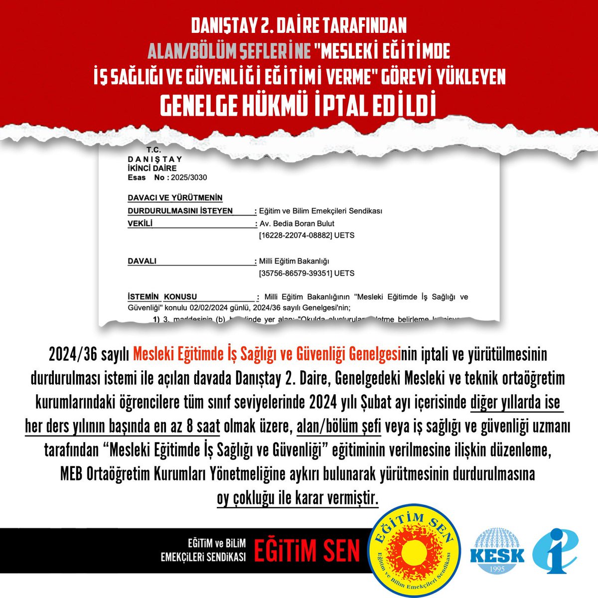 🔴Danıştay 2. Dairesi, alan/bölüm şeflerine “mesleki eğitimde iş sağlığı ve güvenliği eğitimi verme” görevi yükleyen genelge hükmümü iptal etti.