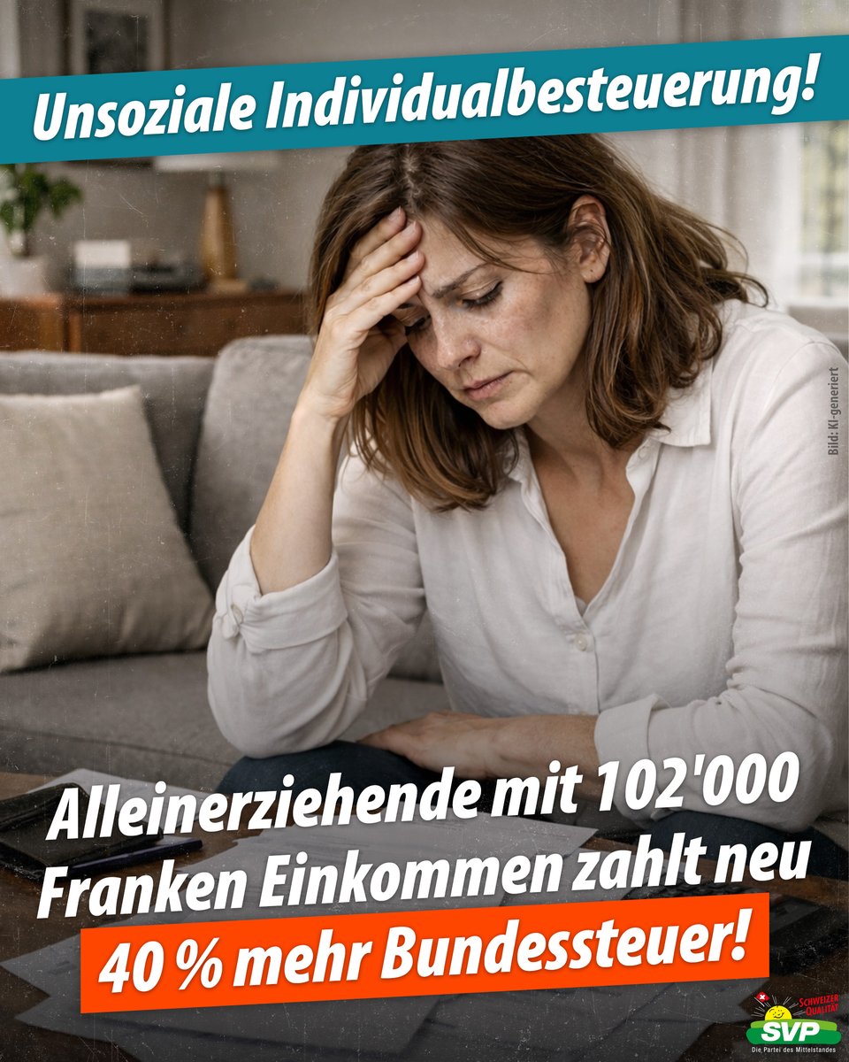 Mit der Individualbesteuerung zahlt eine alleinerziehende Person mit einem steuerbaren Einkommen von 102'000 Franken 40 % mehr direkte Bundessteuer💰 als heute. Das ist absolut unsozial😠. Deshalb braucht es am 8. März ein klares NEIN❌ zur Individualbesteuerung!