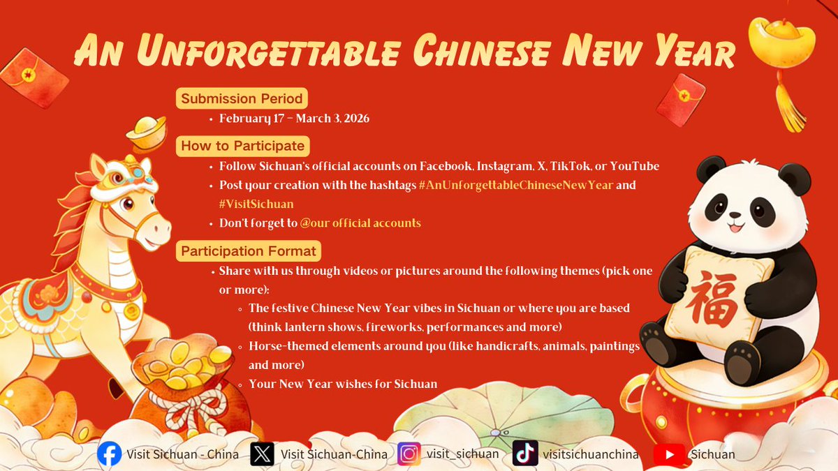 Amazingsichuan's tweet photo. Chinese New Year is here! Wishing everyone a Happy New Year and all the best! 🧧🎉

Sichuan's exclusive #ChineseNewYear campaign is now launched, inviting you to share the joys of the New Year and capture exclusive memories of the Year of the Horse. 🐎✨
#VisitSichuan https://t.co/vry3yagYov