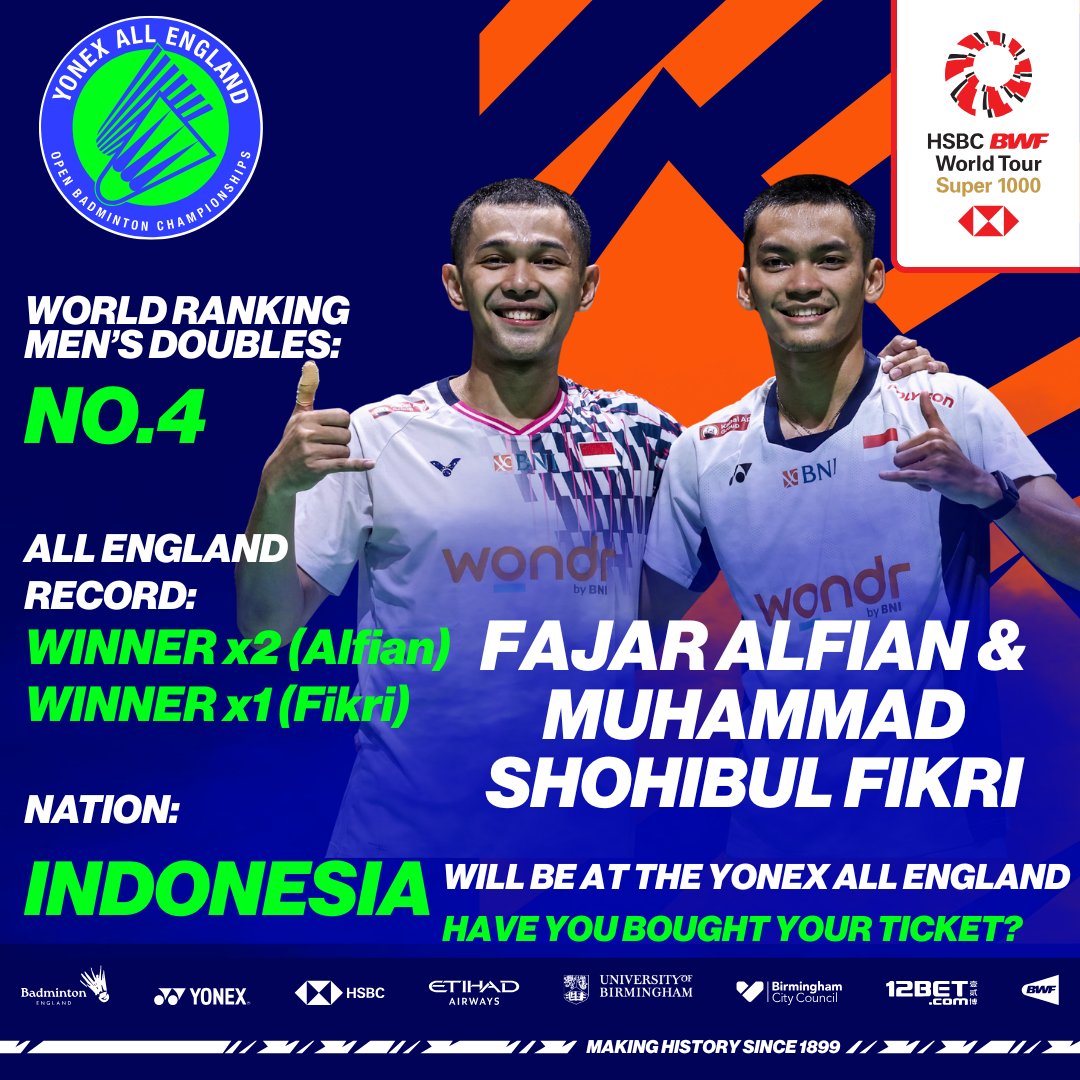Fajar Alfian and Muhammad Shohibul Fikri will be at the YONEX All England!🔥

They've won the title before but can they do it together in Birmingham?👀

Don't miss out on seeing them in action- buy your tickets NOW! axs.com/uk/teams/11166…

#YAE26

📸 <a href="/badmintonphoto/">Badmintonphoto</a>