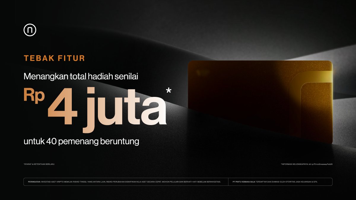 Sore Teman Pintu!

Ada hadiah sebesar Rp4.000.000 dalam bentuk USDT buat 40 pemenang beruntung yang berhasil tebak fitur terbaru di aplikasi Pintu!

Cara ikutan:
1️⃣ Follow akun <a href="/PintuID/">Pintu</a> 
2️⃣ Like dan repost tweet ini
3️⃣ Reply dengan tebakan kamu dan gunakan hashtag #AplikasiPintu