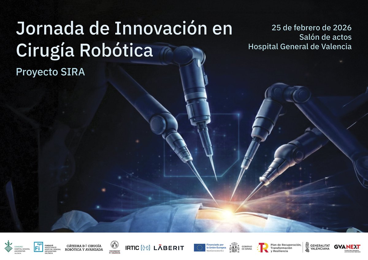 fihguv's tweet photo. 🚀 El 25 de febrero celebramos la Jornada de Innovación en Cirugía Robótica – Proyecto SIRA

🕣 11:00–14:30
🏥 Salón de actos del @HGUVALENCIA 

✏️ Inscripción 👇 https://t.co/wSpgCh0PZo

📄 Programa 👇
https://t.co/lSIioC8Lg1

#ProyectoSIRA @Laberit_tech @IRTIC_UV https://t.co/ek9EKWtJFi