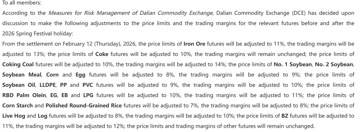 SYWGOfficial's tweet photo. DCE:Notice on Adjustments to Price Limits and Trading Margins During 2026 Spring Festival Holiday  https://t.co/MTkFYskYsP https://t.co/9VJTHyKgF0