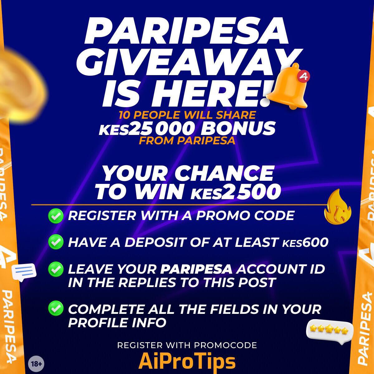 🎁 Giveaway is here! 10 people will share 25000 KES  / $250 bonus from PariPesa.
📢 Get a share of 2500 KES  / $25 giveaway right now
✅ Create an account using promo code—> Aiprotips
✅ Make a deposit at least 600KES / $4.7 
✅ LEAVE your Paripesa Account ID in the REPLIES to