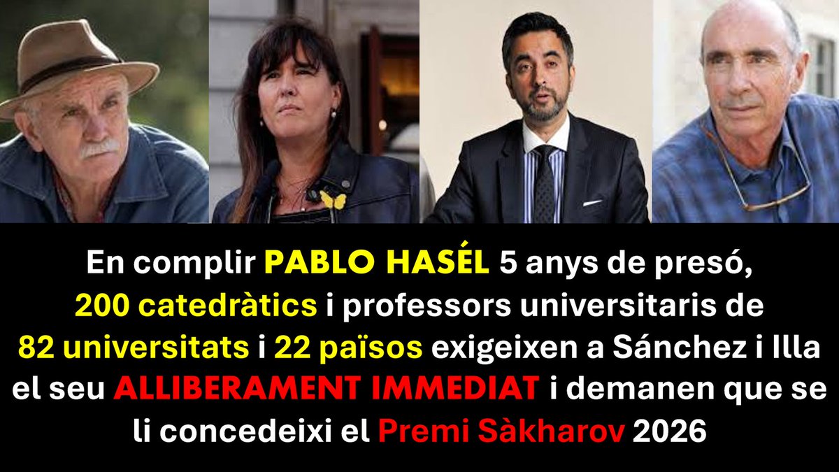 tonistrubellt's tweet image. En complir PABLO HASÉL 5 anys de presó, 200 catedràtics i professors universitaris de 24 països i 95 universitats dels 5 continents demanen el Premi Sàkharov per a ell i la seva llibertat immediata. #ProuRepressió #PabloHasélLlibertat