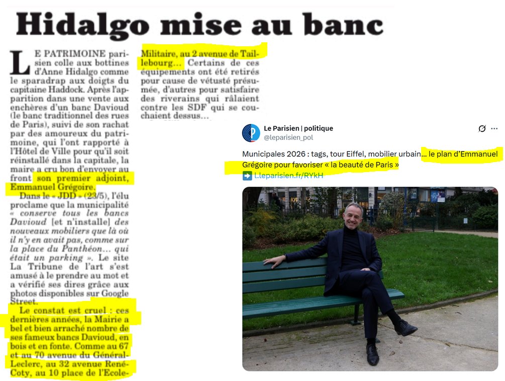 Le candidat Grégoire qui promet de remettre à Paris du mobilier ancien n'a rien à voir avec le premier adjoint Grégoire qui faisait arracher par dizaines les bancs Davioud.