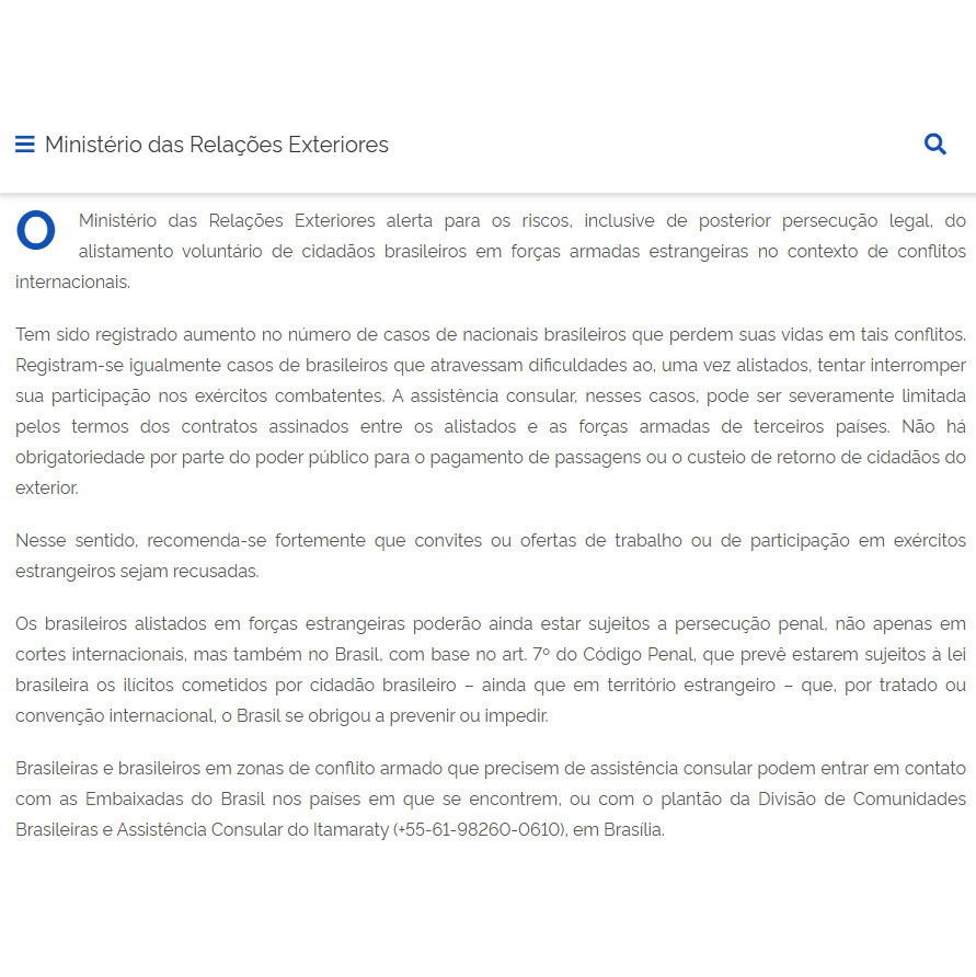 camarotedacpi's tweet image. 🇺🇦 ITAMARATY SOLTA MÃO DE MERCENÁRIOS

Itamaraty afirma que os contratos que mercenários brasileiros assinam retira a proteção destes. Além, o Itamaraty avisa que o Brasil não bancará passagens de volta e que os mercenários podem ser punidos pela Lei brasileira ao retornar.