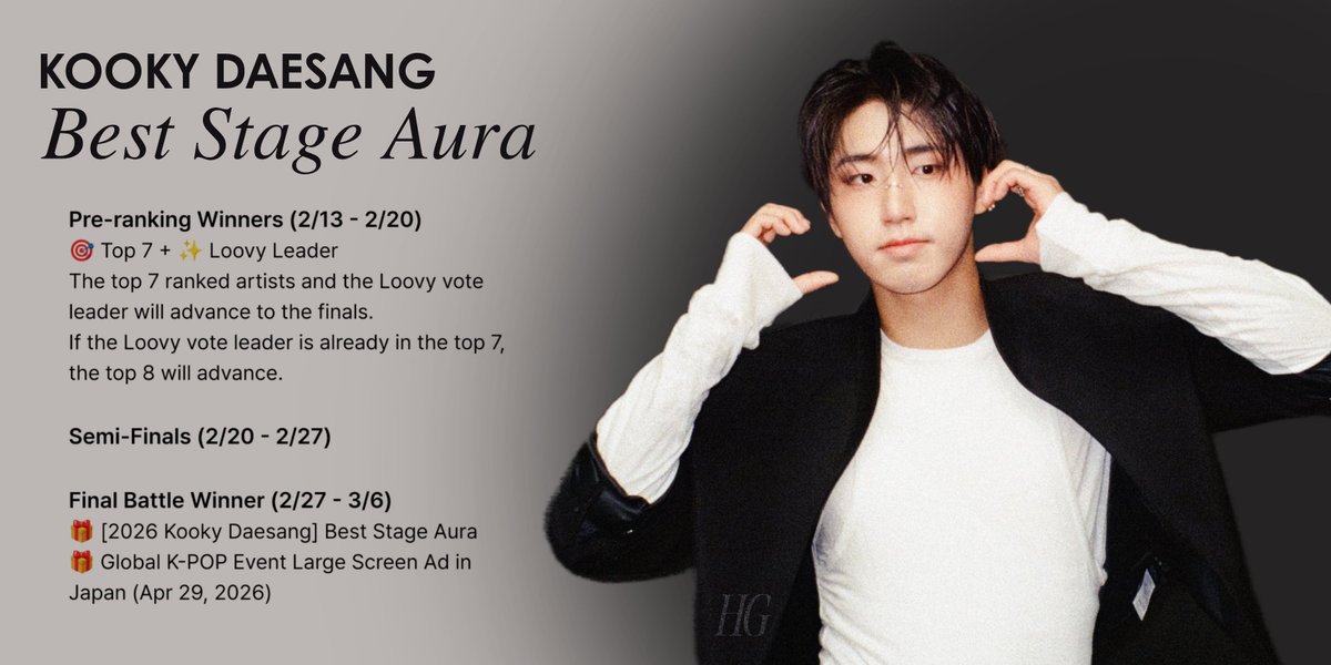 🗳️ | VOTE FOR HAN ON KOOKY! 

HAN has been nominated for the "Kooky daesang: Best Stage Aura"

The pre-ranking is NOW OPEN in the app

‼️ VOTE DAILY: the number of free daily votes increases per day 
* if you have loovys please SAVE THEM 
🗓️ PRE-RANKING ENDS: Feb 19, 11AM (KST)