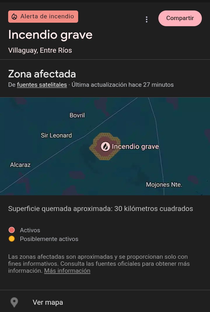 Terminamos una semana bastante difícil. Se sumaron a los incendios en el sur (que continúan activos), focos de incendio en Entre Ríos.

60.000 hectáreas en el sur, no hay cifras oficiales todavía en Entre Ríos. 
Google Maps permite ver los focos en tiempo real 👇🏽