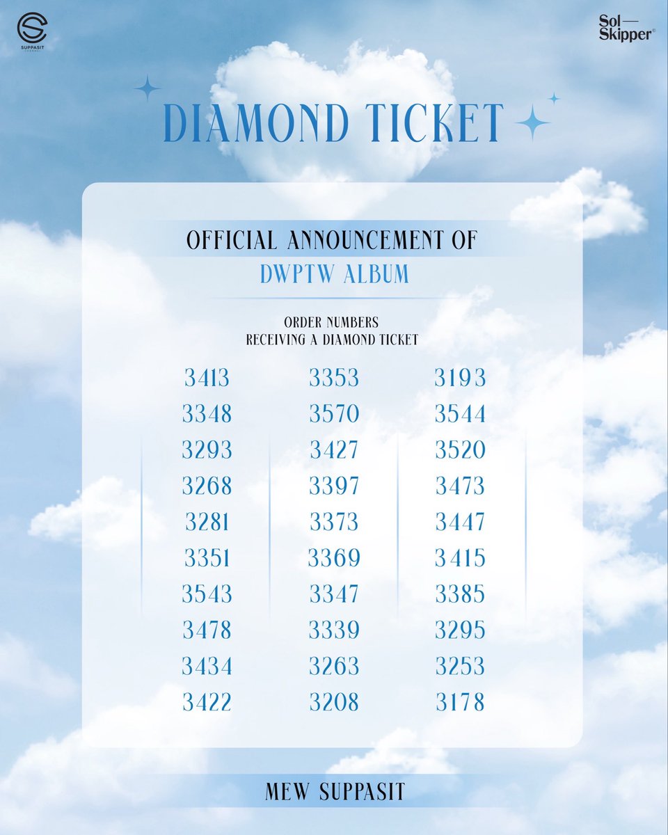 SolSkipperCo's tweet photo. Official Announcement of Order Numbers Receiving a Diamond Ticket 💎

“Don’t Wanna Please The World” album
"Calendar 2026"

💎Diamond Ticket Benefits Day 
🗓️22 February 2026

@MSuppasit
#RouteLoveRhythm
#MewSuppasit https://t.co/NgZwceUei8